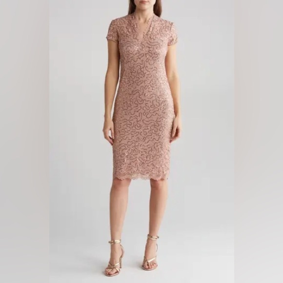 MARINA Dresses & Skirts - NWT Marina Lace Cap Sleeve Scalloped V-Neck Sheath Dress Blush Pink Size XL